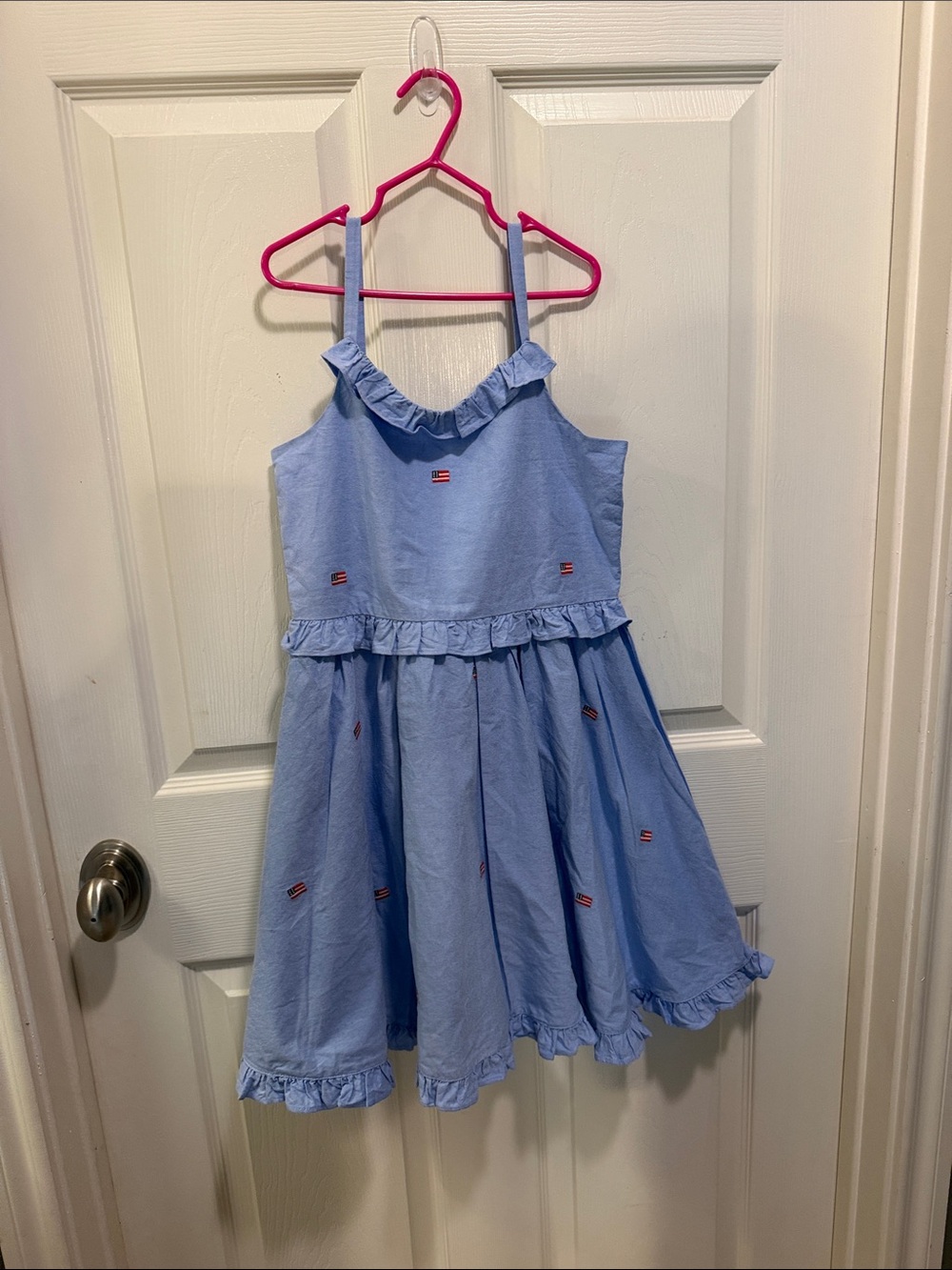Janie and Jack Light Blue Ruffle Strap Dress with Flag Embroidery